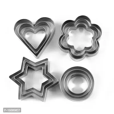 Stainless Steel Cookie Pastry Dough Vegetable Cutter, Biscuit Presser, Small Cake Molds, Round Flower Heart Star Shape,12 Pcs Silver