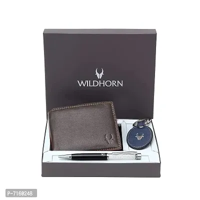 WildHorn Brown Leather Men's Wallet, Keychain and Pen (GIFTBOX 152) (Combo)