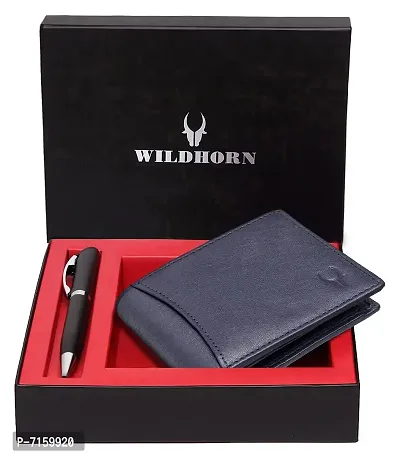 WILDHORN  Men's RFID Protected Leather Wallet and Pen Combo (Blue)