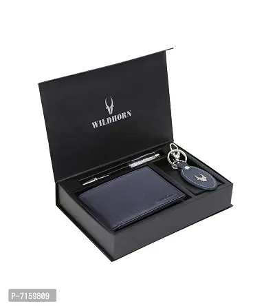 WildHorn Blue Leather Men's Wallet , Keychain and Pen Combo Set (GIFTBOXMIX)