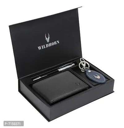 WildHorn Black Leather Men's Wallet , Keychain and Pen Combo Set (699702)