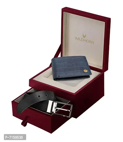 WILDHORN Classic Leather Men's Wallet and Belt Combo (New Blue Croco)