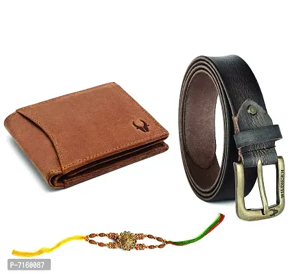 WildHorn Rakhi Gift Set for Brother - Premium Men's Combo | Gift Set of Leather Wallet  Belt  Rakhi for Brother (TAN HUNTER001)