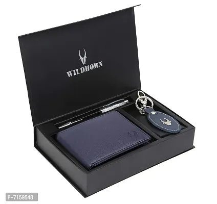 WILDHORN  Men's RFID Protected Genuine Leather Wallet Keychain and Pen Combo (BLUE83)-thumb0