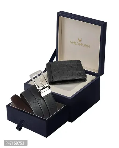 WILDHORN Formal Reversible Leather Belt Wallet Combo for Men I Gift Hamper I Gifts for Men (Free Size, (v) Reversible Belt Black Wallet)-thumb0