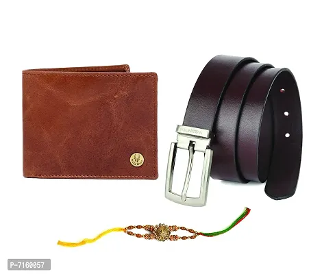 WildHorn Rakhi Gift Set for Brother - Premium Men's Combo | Gift Set of Leather Wallet  Belt  Rakhi with an Unique Slider Gift Box for Brother. (TAN Crunch)