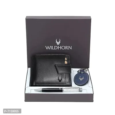 WildHorn Black Leather Men's Wallet , Keychain and Pen Combo Set (GIFTBOX 152)