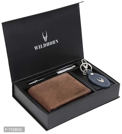 WILDHORN  Men's RFID Protected Genuine Leather Wallet Keychain and Pen Combo (TAN HUNTER80)
