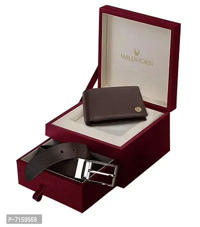 WILDHORN Men's Classic Leather Wallet and Belt Combo (Brown)