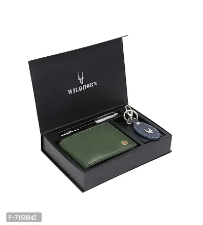 WildHorn Green Leather Men's Wallet , Keychain and Pen Combo Set (GIFTBOXMIX)