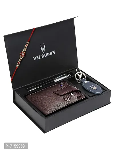 WildHorn Rakhi Gift Hamper for Brother - Classic Men's Combo/Gift Set of Leather Wallet, Keyring, Pen and Rakhi for Brother/Bhaiya. (Maroon LP)-thumb2