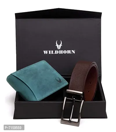 WILDHORN Men's Leather Wallet and Belt Combo (Blue Hunter)