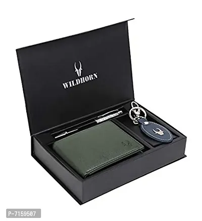 WildHorn Green Leather Men's Wallet , Keychain and Pen Combo Set (699702)