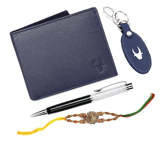 WildHorn Rakhi Gift Hamper for Brother - Classic Men's Combo/Gift Set of Leather Wallet, Keyring, Pen and Rakhi for Brother/Bhaiya. (Blue PDM)