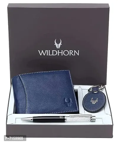 WildHorn Blue Leather Mens Wallet , Keychain and Pen Combo Set (GIFTBOX 152)