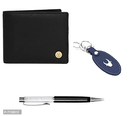 WILDHORN  Men's RFID Protected Genuine Leather Wallet Keychain and Pen Combo (BLACK100)