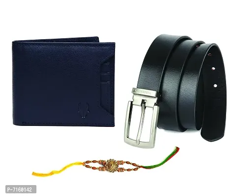 WildHorn Rakhi Gift Set for Brother - Premium Men's Combo | Gift Set of Leather Wallet  Belt  Rakhi with an Unique Slider Gift Box for Brother (BLUE77A)