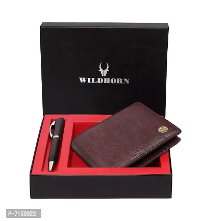 WILDHORN  Men's RFID Protected Genuine Leather Wallet and Pen Combo (MAROON100)