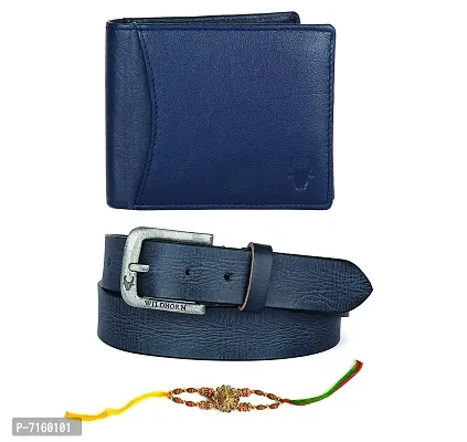 WildHorn Rakhi Gift Set for Brother - Premium Men's Combo | Gift Set of Leather Wallet  Belt  Rakhi for Brother (BLUE001)