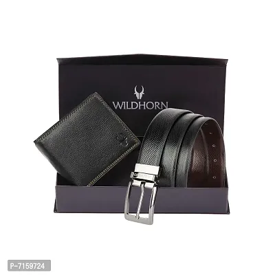 WILDHORN Formal Reversible Leather Belt Wallet Combo for Men I Gift Hamper I Gifts for Men (Free Size, (ii) Reversible Belt Black Wallet)-thumb0