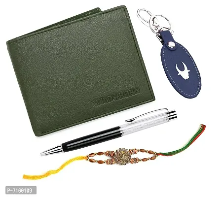 WildHorn Rakhi Gift Hamper for Brother - Classic Men's Combo/Gift Set of Leather Wallet, Keyring, Pen and Rakhi for Brother/Bhaiya. (Green PD)