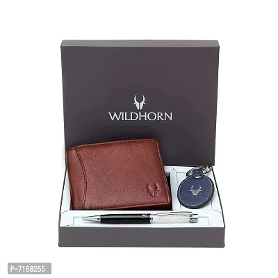 WildHorn Maroon Leather Men's Wallet, Keychain and Pen (GIFTBOX 152) (Combo)