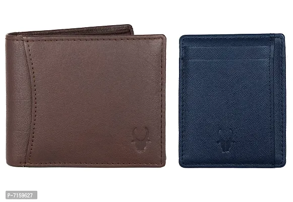 WildHorn Brown Leather Men's Wallet and Blue Safiano Card Case (WH1173)