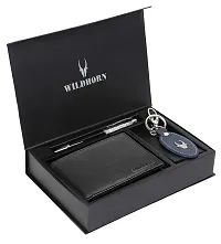 WildHorn Rakhi Gift Hamper for Brother - Classic Mens Combo/Gift Set of Leather Wallet, Keyring, Pen and Rakhi for Brother/Bhaiya. (Black PD)-thumb1