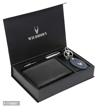 WildHorn Rakhi Gift Hamper for Brother - Classic Mens Combo/Gift Set of Leather Wallet, Keyring, Pen and Rakhi for Brother/Bhaiya. (Black PD)-thumb2