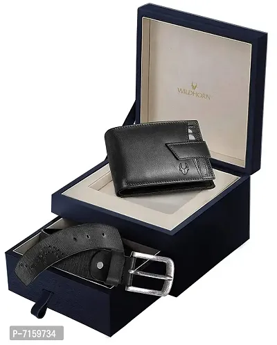 WILDHORN Men's Leather Wallet and Belt Combo ( Black)