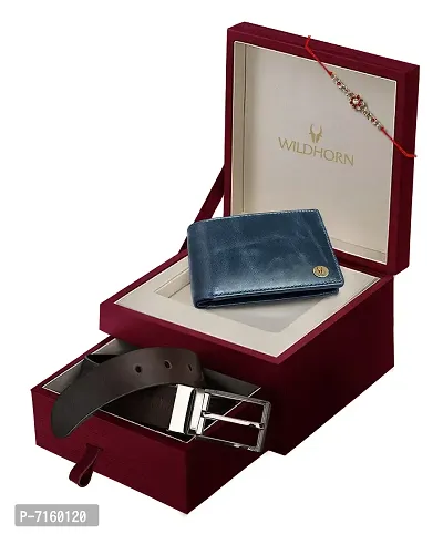 WildHorn Rakhi Gift Set for Brother - Premium Men's Combo | Gift Set of Leather Wallet  Belt  Rakhi with an Unique Slider Gift Box for Brother. (Blue Crunch)-thumb2