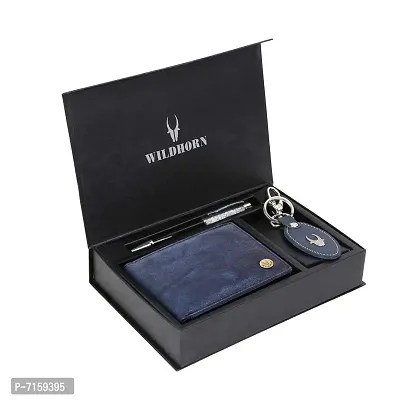 WildHorn Blue Leather Men's Wallet , Keychain and Pen Combo Set (699702)