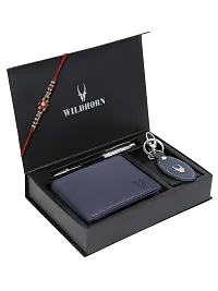 WildHorn Rakhi Gift Hamper for Brother - Classic Men's Combo/Gift Set of Leather Wallet, Keyring, Pen and Rakhi for Brother/Bhaiya. (Blue PDM)-thumb1