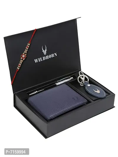 WildHorn Rakhi Gift Hamper for Brother - Classic Men's Combo/Gift Set of Leather Wallet, Keyring, Pen and Rakhi for Brother/Bhaiya. (Blue PDM)-thumb2