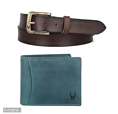 WildHorn Blue Leather Men's Wallet  Belt Combo Set (WH1173)