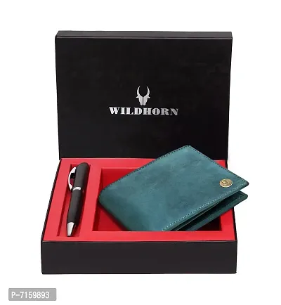 WILDHORN  RFID Protected Blue Genuine Leather Men's Wallet and Pen Combo