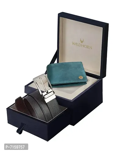 WILDHORN Formal Reversible Leather Belt Wallet Combo for Men I Gift Hamper I Gifts for Men (Free Size, (VII) Reversible Belt Blue Hunter Wallet)