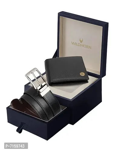 WILDHORN Formal Reversible Leather Belt Wallet Combo for Men I Gift Hamper I Gifts for Men (Free Size, (VIII) Reversible Belt + Black Wallet)