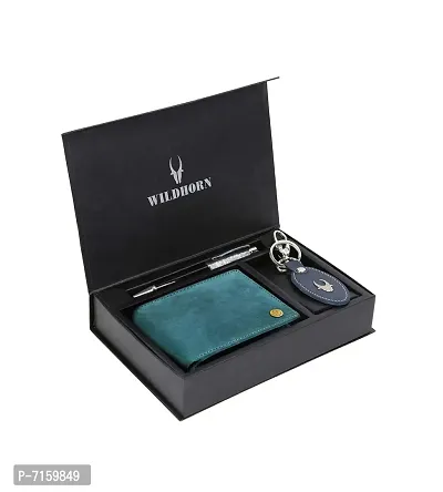 WildHorn Blue Leather Men's Wallet , Keychain and Pen Combo Set (GIFTBOXMIX)