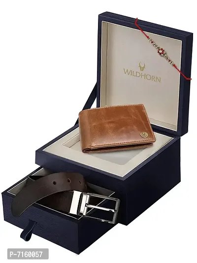 WildHorn Rakhi Gift Set for Brother - Premium Men's Combo | Gift Set of Leather Wallet  Belt  Rakhi with an Unique Slider Gift Box for Brother. (TAN Crunch)-thumb2