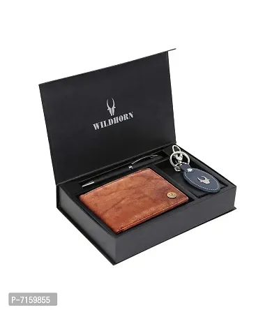 WildHorn Tan Leather Men's Wallet , Keychain and Pen Combo Set (GIFTBOXMIX)