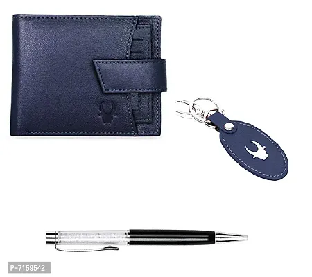 WILDHORN  Men's RFID Protected Genuine Leather Wallet Keychain and Pen Combo (BLUE66)