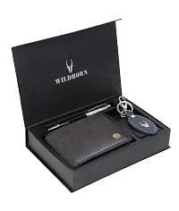 WILDHORN  Men's RFID Protected Genuine Leather Wallet Keychain and Pen Combo (BLACK100)-thumb1