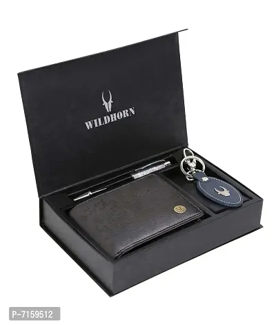 WILDHORN  Men's RFID Protected Genuine Leather Wallet Keychain and Pen Combo (BLACK100)-thumb2