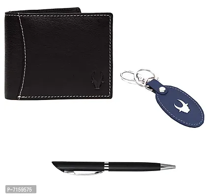 WildHorn Black Leather Men's Wallet , Keychain and Pen Combo Set (699702)