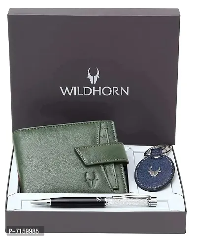 WildHorn Green Leather Men's Wallet , Keychain and Pen Combo Set (GIFTBOX 152)