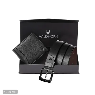 WILDHORN Leather Belt Wallet Combo for Men | Leather Gift Hamper I Gifts for Men (Free Size, Black 2)