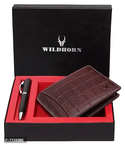 WILDHORN  Men's RFID Protected Genuine Leather Wallet and Pen Combo (Maroon CROCO55)