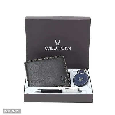 WildHorn Black Leather Men's Wallet , Keychain and Pen Combo Set (GIFTBOX 152)