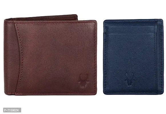WildHorn Maroon Leather Men's Wallet and Blue Safiano Card Case (WH1173)
